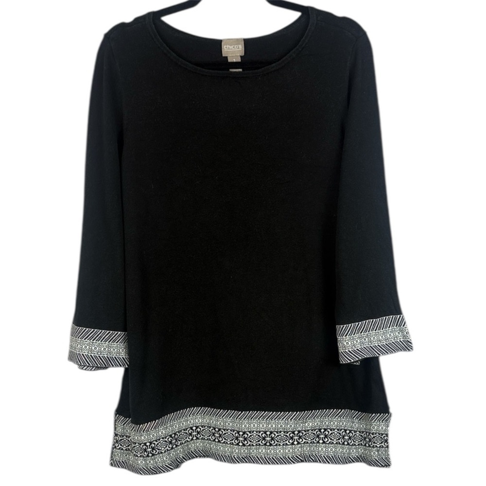 Chicos Black White 3/4 Sleeve Embroidered Stretched Hem Wrist Casual Med Tunic